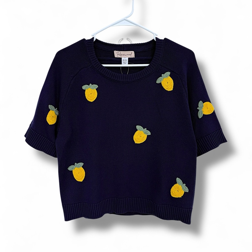 Navy Short-Sleeve Sweater with Yellow Lemon Appliqués oversized